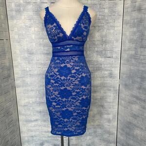 A'Gaci Mini Dress Womens Small Royal Blue Lace Bodycon V Neck